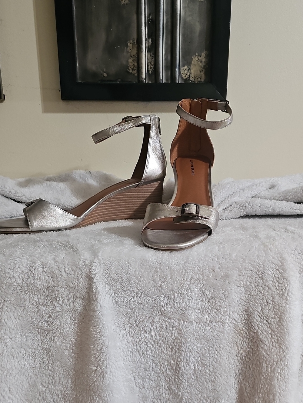 Lucky Brand Silver Metallic Ankle-Strap Wedge Sandals